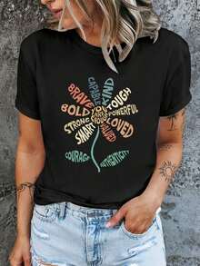 Ropa suave de estilo europeo y americano para mujer, top casual de manga corta con cuello redondo, camiseta básica de manga corta, camisetas de mujer, camisetas estampadas, tops de mujer, camisetas de verano, camisetas casuales, camisas de verano, tops, conjuntos de verano para mujer, camiseta casual cómoda de manga corta con cuello redondo, blusas elegantes para dama. - Negro - Ver 1