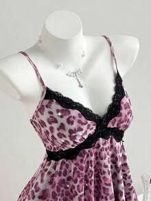 Top de mujer con estampado de leopardo y dobladillo asimétrico con encaje - Rosa 2 - Ver 5