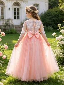 Girls' Floral Embroidered Bowknot Long Sleeve Mesh Formal Dress, Suitable For Flower Girl, Wedding, Festival, Prom, Spring/Summer - Baby Pink - View 7