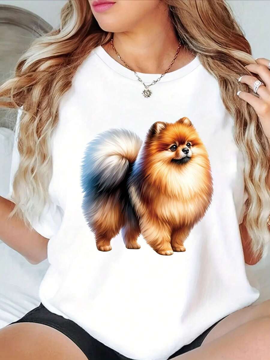 Women's Casual T-Shirt With Round Neck And Pomeranian Dog Print, Soft Blend, Machine Washable, Short Sleeve, Regular Fit, All-Season Top, Casual Wear, Fun Design - 白色 - 查看 1