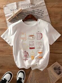 Short-Sleeved, Round-Neck T-Shirt With Coffee-Themed Prints - White - View 1