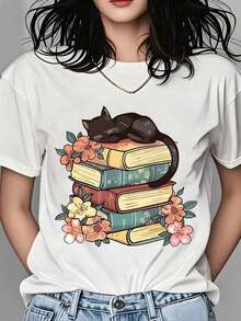 Women's T-Shirt With Print Of A Cat Sleeping On Books With Flowers, Casual Summer T-Shirt For Women, Gift For Literature Lovers, Bookworm Style, Cute Animal Print T-Shirt - 白色 - 查看 1
