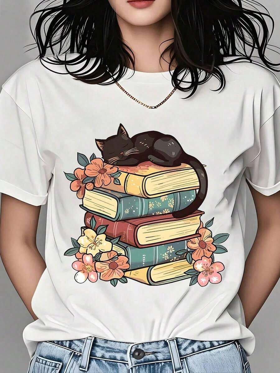 Women's T-Shirt With Print Of A Cat Sleeping On Books With Flowers, Casual Summer T-Shirt For Women, Gift For Literature Lovers, Bookworm Style, Cute Animal Print T-Shirt - 白色 - 查看 1
