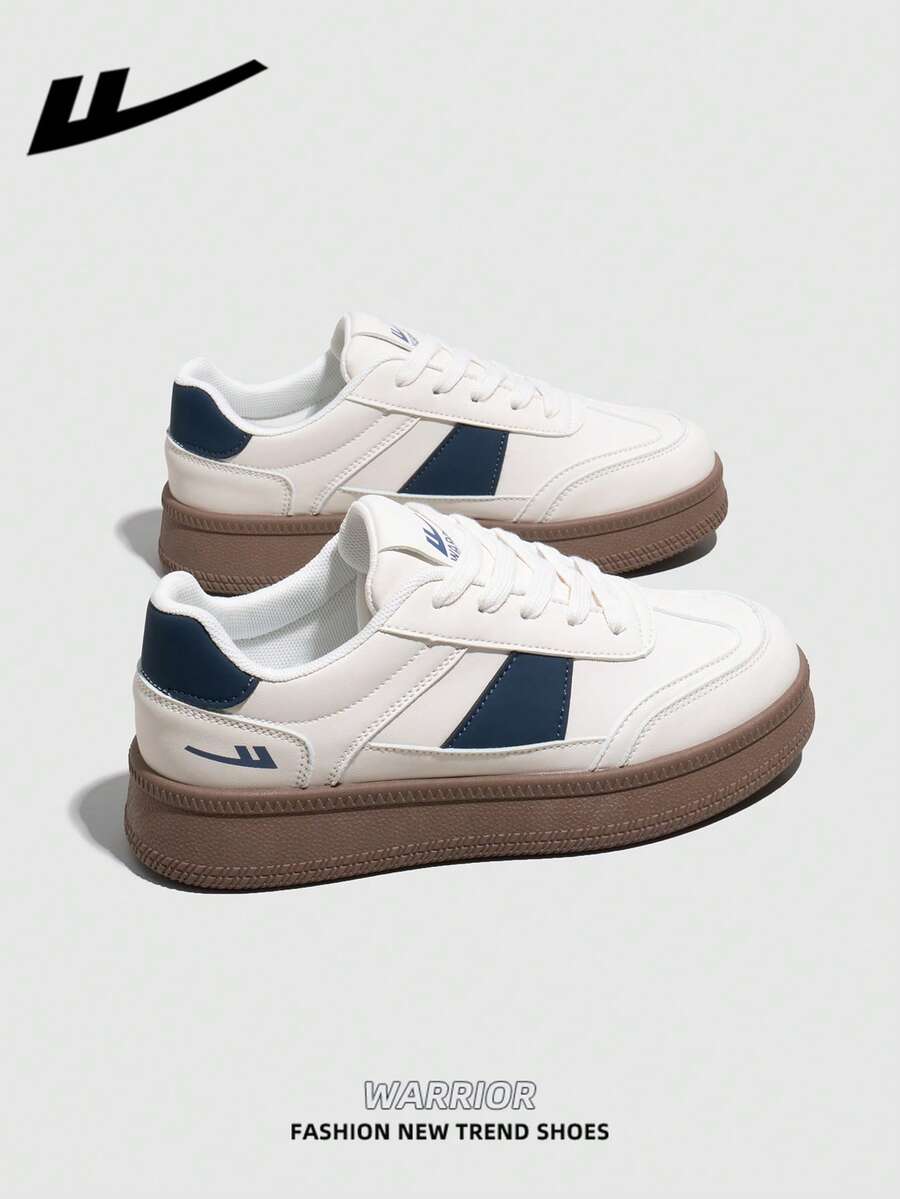 WARRIOR Women's Thick Sole Sports Shoes, Soft Bottom Casual Sneakers, Low-Top Flat Outdoor Shoes, Summer Commuter Shoes, Round Toe Elegant Soft Sole Hiking Shoes, Suitable For Students Graduation Photos, Women's Low-Top Microfiber Sports Skateboard Shoes - Beige/Blue - View 1