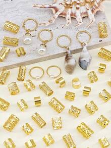 56pcs Luxury Beach Element Hair Rings With White Conch & White Pearls - Summer Adjustable Hair Cuffs, Coastal Boho Jewelry For Dreadlocks - Gold - View 4