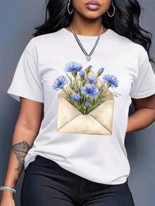 1 Piece Casual Fashion Men's And Women's T-Shirt - Bohemian Style With Floral Print And Envelope - Soft And Breathable Upper, Suitable For Daily And Formal Wear - Casual Crew Neck Loose Fit T-Shirt, Women's Summer Wear, Loose Fit T-Shirt, Comfortable Fabric, Spring Fashion, Geometric Print, Lightweight T-Shirt, Short Sleeve T-Shirt, For Fashion Enthusiasts. E2OA Is Versatile, Easy To Match, Suitable For Daily Wear, Street Style, Vacation Outfits, And Weekend Wear. - 白色的 - 查看 1