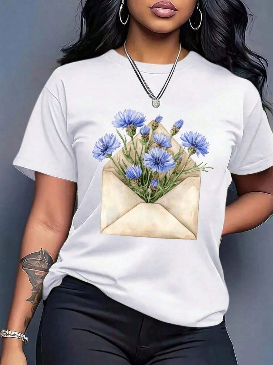 1 Piece Casual Fashion Men's And Women's T-Shirt - Bohemian Style With Floral Print And Envelope - Soft And Breathable Upper, Suitable For Daily And Formal Wear - Casual Crew Neck Loose Fit T-Shirt, Women's Summer Wear, Loose Fit T-Shirt, Comfortable Fabric, Spring Fashion, Geometric Print, Lightweight T-Shirt, Short Sleeve T-Shirt, For Fashion Enthusiasts. E2OA Is Versatile, Easy To Match, Suitable For Daily Wear, Street Style, Vacation Outfits, And Weekend Wear. - 白色的 - 查看 1