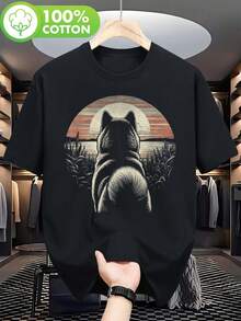 Men's Vintage T-Shirt With Retro Akita Dog And Sunset Design, Relaxed Fit, Crew Neck, Short Sleeve, Breathable, Urban Clothing For Summer And All Seasons, Modern Casual Style, Graphic Print T-Shirt, Urban Style[COD] - 黑色 - 查看 6