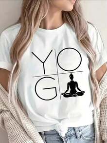 Simple And Versatile Design. Women's Yoga T-Shirt, Lightweight, Short-Sleeved, Printed, Suitable For The Gym, Home Workouts, Or Everyday Wear; Comfortable And Durable. Cotton T-Shirt - 白色 - 查看 1