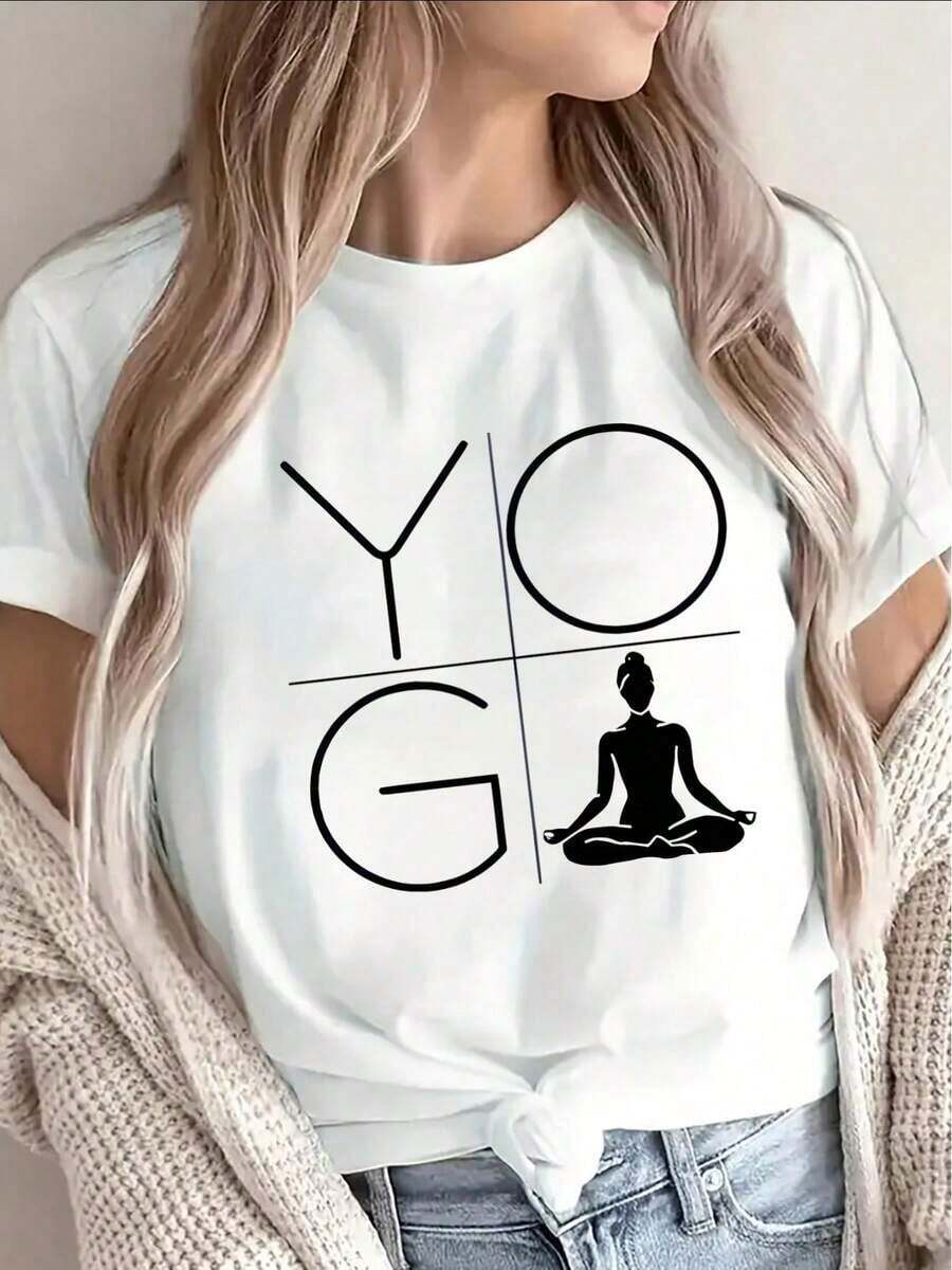 Simple And Versatile Design. Women's Yoga T-Shirt, Lightweight, Short-Sleeved, Printed, Suitable For The Gym, Home Workouts, Or Everyday Wear; Comfortable And Durable. Cotton T-Shirt - 白色 - 查看 1