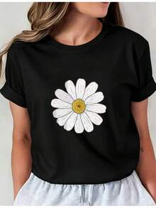 Women's Casual Sports T-Shirt - Black Stretch Crew Neck T-Shirt With Textured White Daisy Graphic. Machine Washable, Comfortable Fit, All Seasons, Perfect For Everyday Wear And Casual Activities. - 黑色 - 查看 6