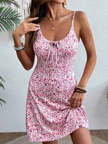 Vestido corto casual sin mangas con estampado floral pequeño para vacaciones y playa - Multicolor - Ver 7