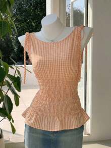 Blusa casual de mujer de algodón a cuadros naranja con tirantes tejidos y cordón en la cintura, blusa a cuadros naranja de verano, adecuada para el Día de San Valentín, el Carnaval, la playa, las vacaciones, el uso casual, la calle, la univers - Naranja - Ver 5
