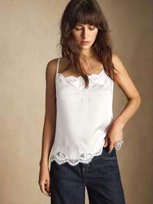 Camiseta sin mangas con ajuste de tirantes y encaje, versátil para usar en primavera/verano, adecuada para Pascua, Día de San Patricio, estilo vintage romántico de los 90, fiesta, playa, graduación, vacaciones, invitado de boda, casual, elegante - Blanco - Ver 4
