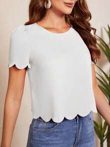 Blusa con mangas abullonadas, recorte ondulado y escote en la espalda, Blusas de manga corta - Blanco - Ver 5