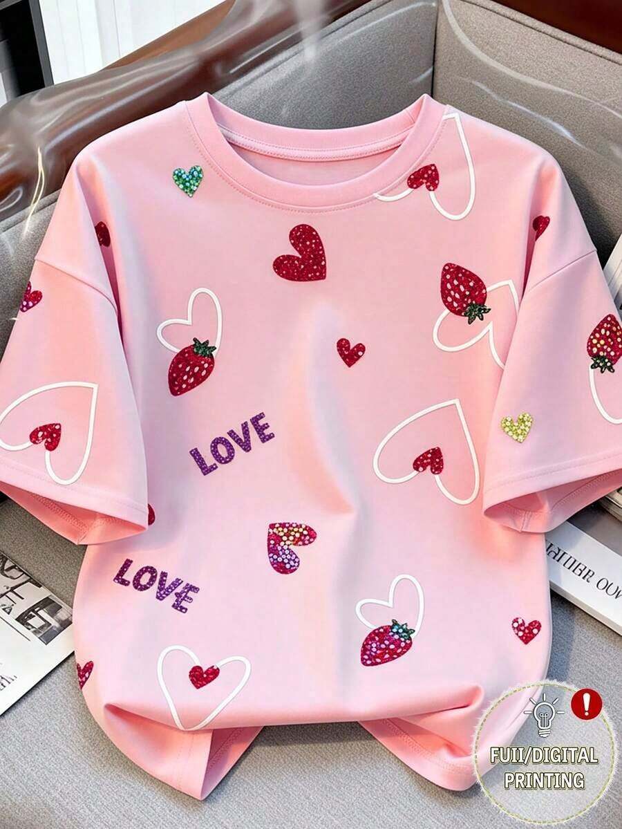 Camiseta estampada de mujer con cuello redondo y lazo con estampado de fresa - Multicolor 2 - Ver 1