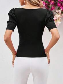Clasi Top de escote corazón de corte ajustado con mangas tipo cordero, color rojo rosa - Negro - Ver 2