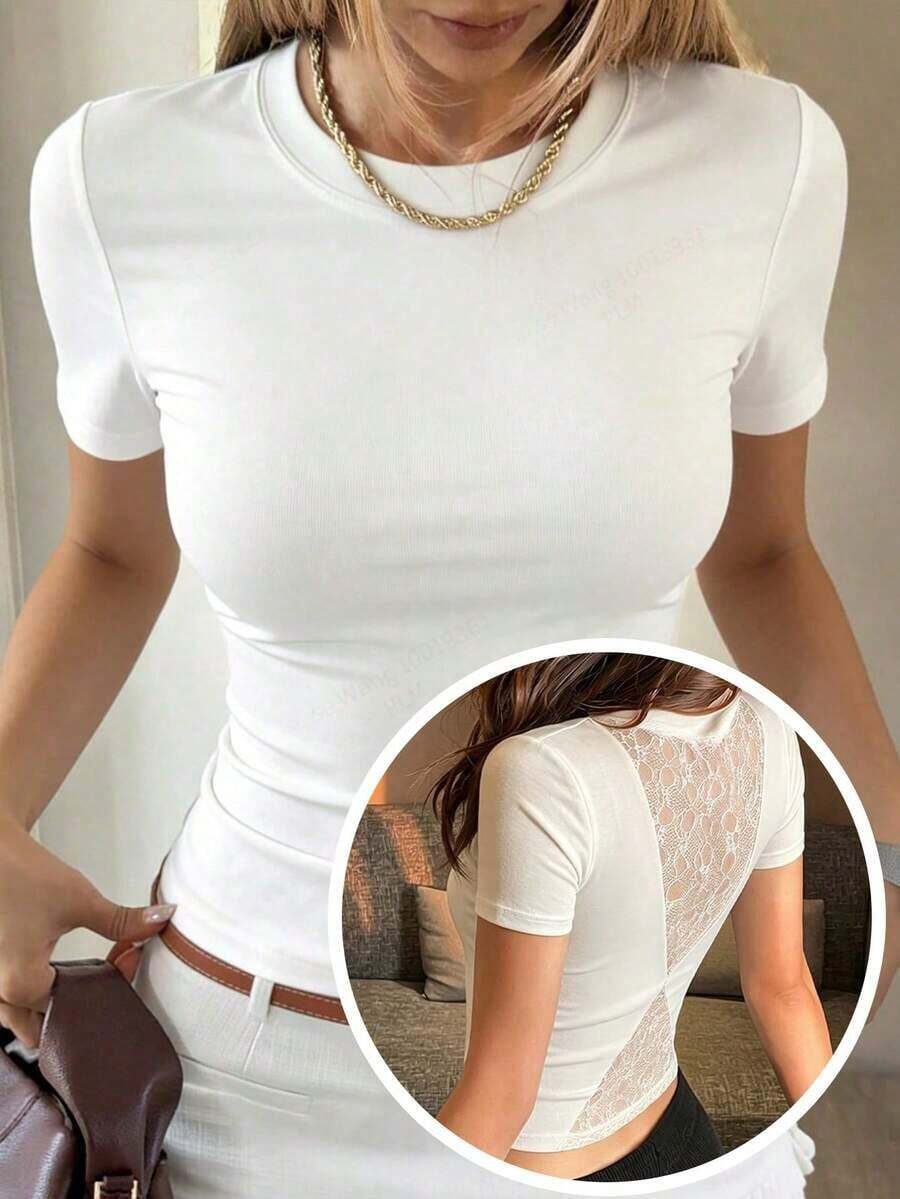 Camiseta de manga corta minimalista de unicolor para mujer, uso casual de todos los días en verano - Blanco 10 - Ver 1