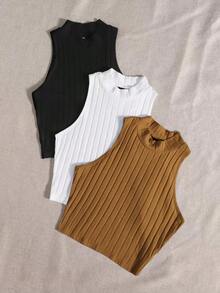 Top de tanque casual sólido de cuello redondo acanalado para el verano - Multicolor 5 - Ver 3