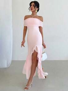 Vestido ajustado con volantes y hombros descubiertos de unicolor elegante para mujer, vestido de mujer en degradado de color rosa - Rosa - Ver 6