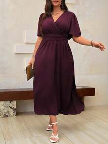 Vestido maxi de verano para mujer talla grande, de manga corta con volantes y cuello en V de un solo color - Granada - Ver 1