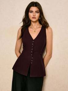 Camiseta sin mangas ajustada de mujer con cuello en V y botones delanteros de unicolor - Café integral - Ver 6