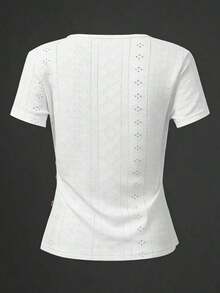 Camiseta casual de mujer de manga corta, cuello en V, fruncida y ajustada de unicolor - Negro - Ver 2