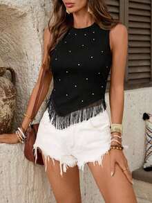 Top corto con flecos y tachuelas de estilo bohemio y western para festivales de música de verano, conciertos occidentales y raves europeas de verano para mujeres - Negro - Ver 9