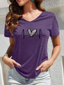 Camiseta de mujer de manga corta con cuello en V con estampado de corazón y leopardo - Morado - Ver 1