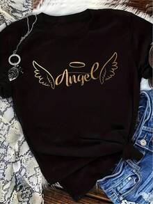 1 Piece Unisex Loose Fit T-Shirt 180g 100% Pure Cotton. A Unique And Modern T-Shirt With A Y2K Style Angel And Wings Design, Perfect For Adding A Touch Of Flair To Your Look. Ideal For Fashion Lovers Who Want To Stand Out. Don't Miss Out And Make A Statement! - 黑色 - 查看 6