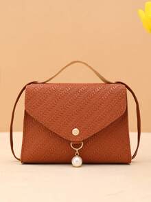Solid Color Grass Texture Pearl Pendant Crossbody Handbag - Brown - View 1