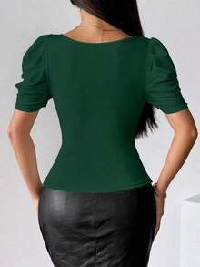 Camiseta ajustada de manga corta con cuello en V sexy y cremallera delantera - Verde Oscuro - Ver 2