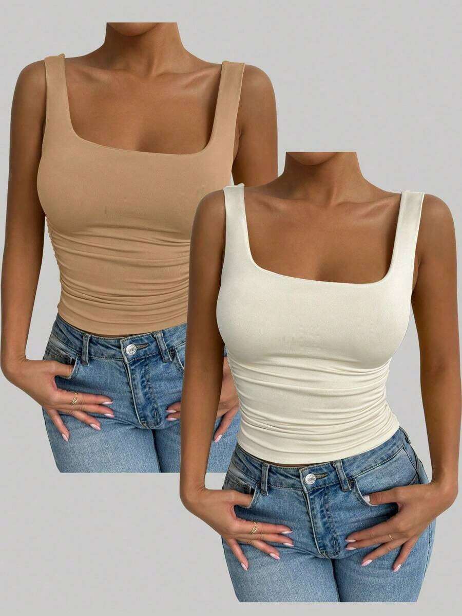 Conjunto de dos piezas de camiseta de tirantes ajustada en verde y blanco, estilo sexy de club, atuendo de festival y carnaval, atuendo de cumpleaños de mujer, atuendo romántico para citas, atuendo de concierto, esencial para fiestas, atuendo diario, atuendo deportivo casual, estilo de vacaciones - Multicolor - Ver 1