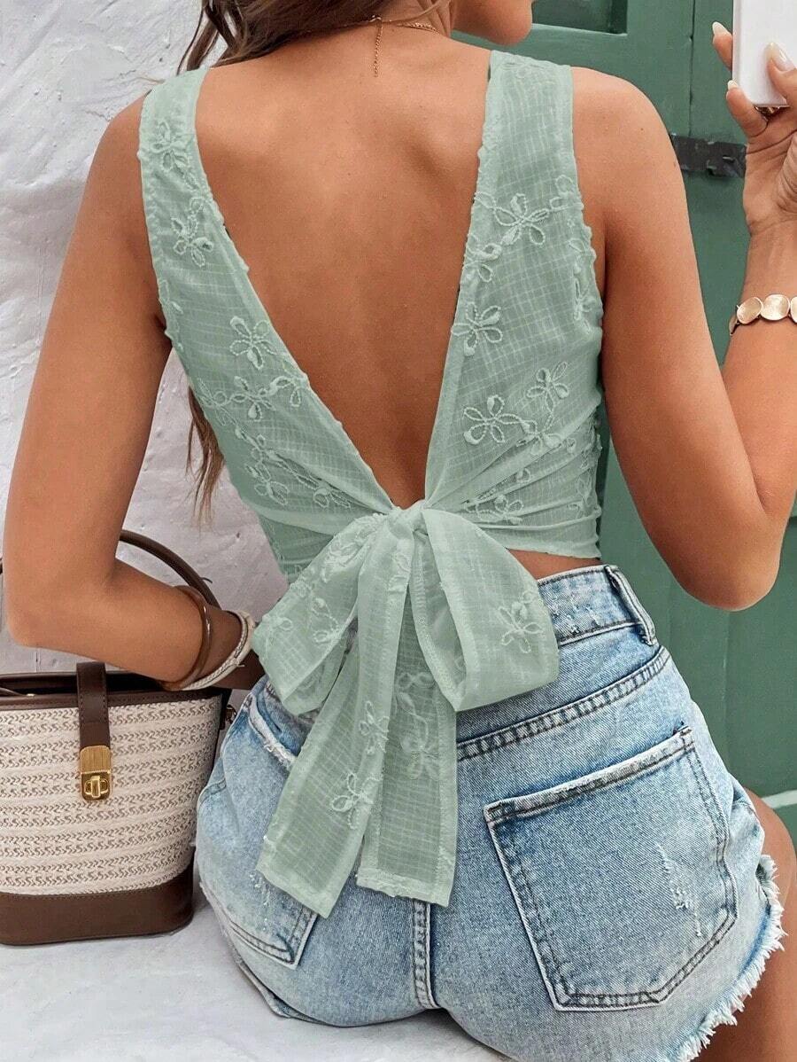 Frenchy Blusa sin espalda y sin mangas con estampado jacquard para vacaciones de verano, ropa de vuelta al colegio, atuendos de maestros, moda, vestidos de mujer de verano, estilo de dinero antiguo, vestidos blancos de mujer, vestidos casuales de mujer, ropa para el 4 de julio, blusas de mujer, tops sin mangas - verde menta - Ver 1
