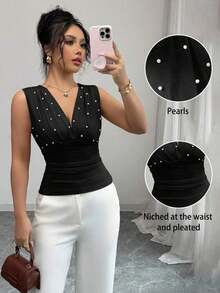 Camiseta de mujer elegante y romántica con perlas beige - Negro - Ver 7