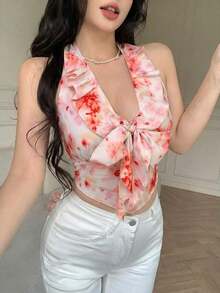 Elegante camiseta de tirantes con cuello halter, volantes y lunares estilo francés - Rosa - Ver 5