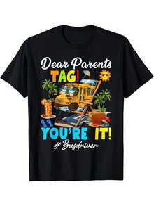 Dear Parents, Take Note: Summer T-Shirt For School Bus Drivers For The Last Day Of School. Fun T-Shirt With A School Bus And Palm Tree Print. Loose Fit, Casual Crew Neck. Black With Colorful Prints. Suitable For Adults, Unisex. Short-Sleeved Printed T-Shirt For Summer 2025. - 黑色 - 查看 6