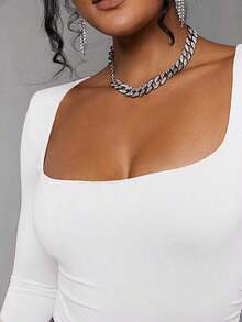 Body De Manga Larga Con Cuello Cuadrado Para Mujer - Blanco - Ver 3
