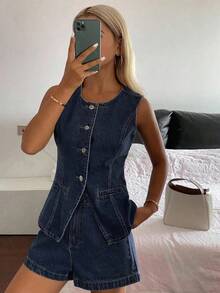Traje de negocios casual de verano de mujer de mezclilla - Azul lavado oscuro - Ver 1