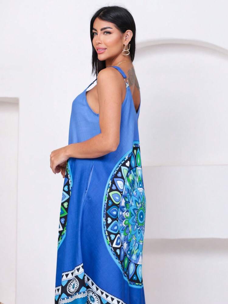 Trapeze Dress With Print. - Xanh đậm - Xem 6