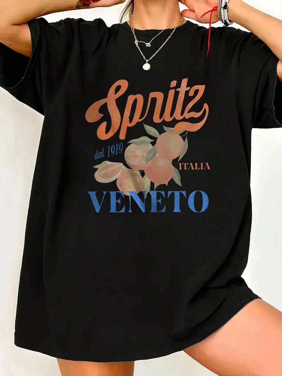 Plus Size, Spritz VENETO Orange Illustration Regional Culture Pattern Print New Women's Casual T-Shirt With Round Neck And Short Sleeve Plus Size, Soft Breathable Machine Washable Fabric Warm Summer Top For Home And Outings, Plus Size T-Shirts Only Female - 黑色 - 查看 1