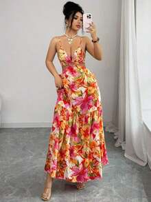 xheElenzga Vestido casual/de trabajo de longitud media sin mangas con estampado que estiliza la línea de la cintura para mujerxhe - Multicolor - Ver 7