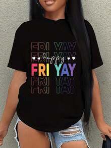 Classic T-Shirt With Funny Happy Friday Slogan For Teachers, 1 Piece, Women's Size, Oversized Short Sleeve Graphic T-Shirt, 100% Cotton, Novelty T-Shirt, Casual Crew Neck Top, Summer T-Shirt - 黑色 - 查看 1