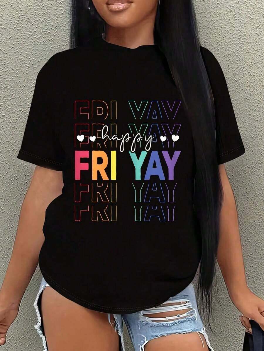 Classic T-Shirt With Funny Happy Friday Slogan For Teachers, 1 Piece, Women's Size, Oversized Short Sleeve Graphic T-Shirt, 100% Cotton, Novelty T-Shirt, Casual Crew Neck Top, Summer T-Shirt - 黑色 - 查看 1