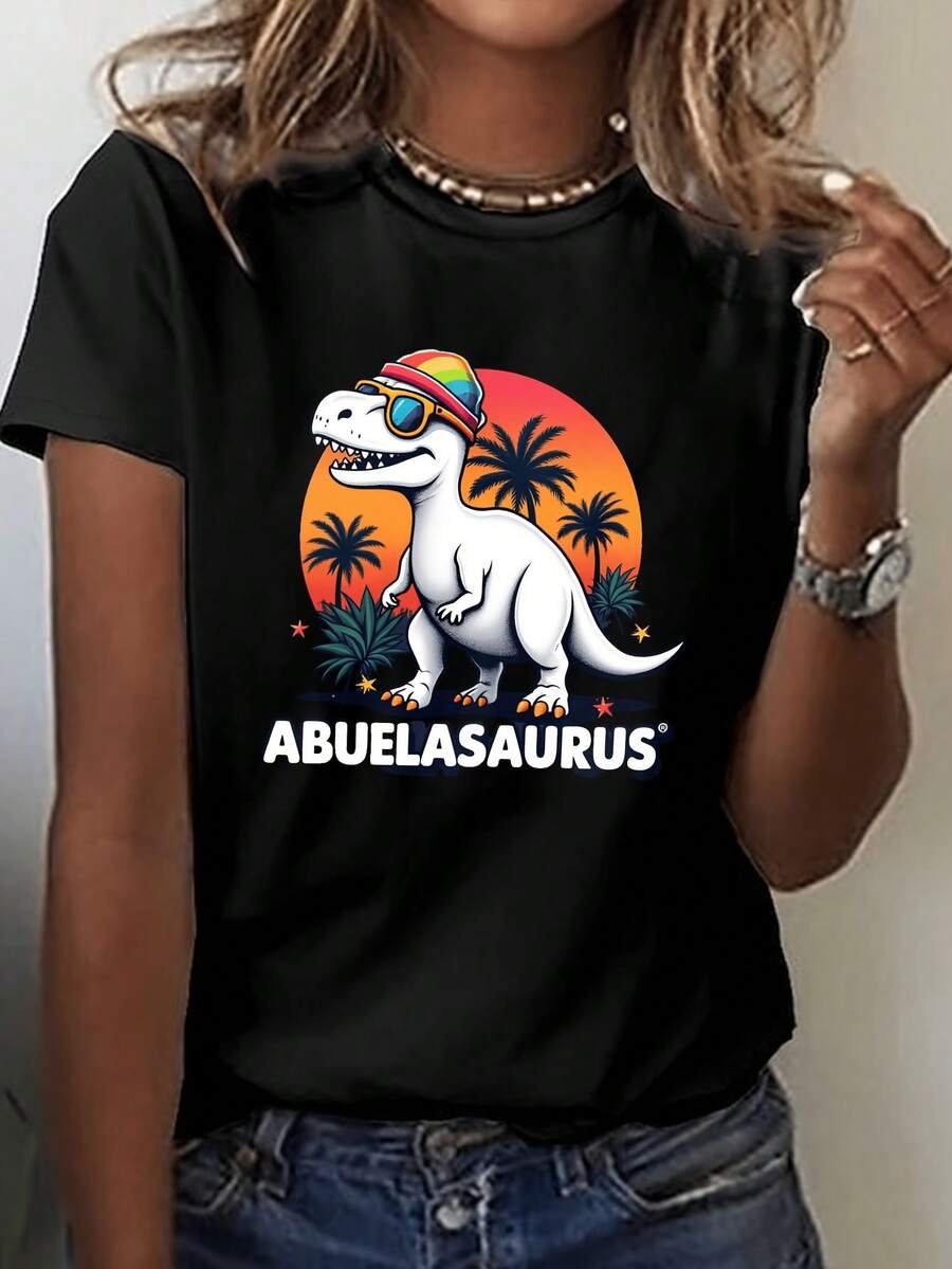 Camiseta de Abuela AbuelaSaurus con estampado de dinosaurio arcoíris, top casual de manga corta y cuello redondo para verano y primavera, ropa de mujer - Negro - Ver 1