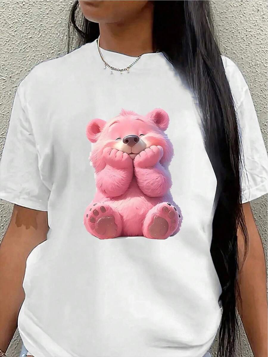 Short-Sleeved T-Shirt With Pink Bear Print, Lightweight And Durable, Suitable For Home, Restaurants Or Casual Outdoor Wear, Soft Fabric, Comfortable For Everyday Wear. - 白色 - 查看 1