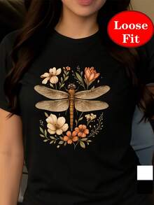 Camiseta de Manga Corta con Estampado de Libélulas y Diseño Floral, Cuello Redondo, Estilo Casual para Primavera y Verano, Ropa de Tallas Grandes para Mujer - Negro - Ver 1