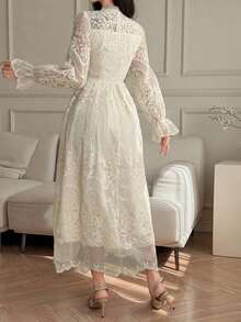 Vestido largo plisado de unicolor elegante con bordado para invitada de boda, vestido de verano - Beis - Ver 7