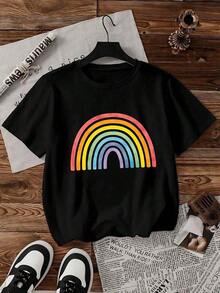Playera de algodón 100% para mujer con estampado arcoíris colorido, manga corta, cuello redondo, estilo casual moderno y cómoda para uso diario en primavera y veranoSuitable for spring, summer and autumn - Negro - Ver 7