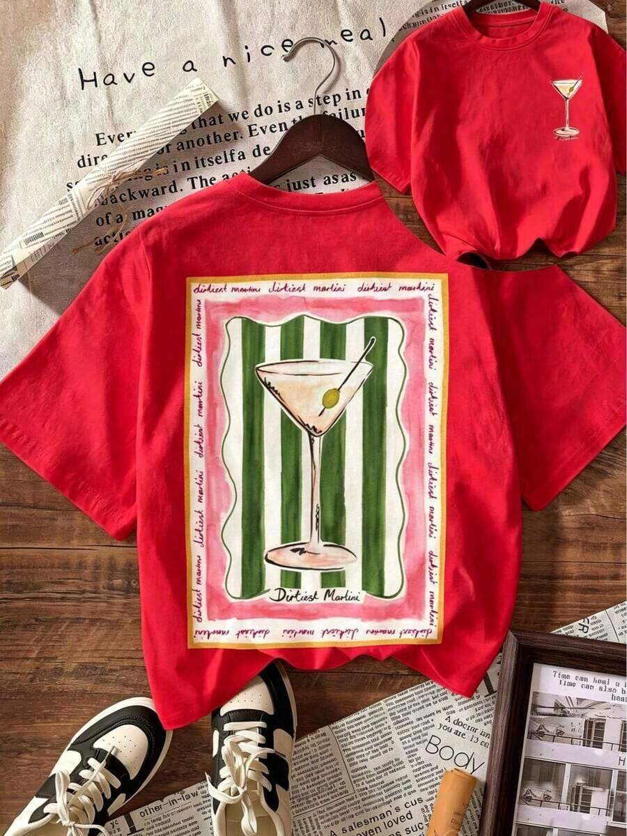 Women's Casual Summer T-Shirt, Casual Summer Top With Dirty Martini Lover Print, Round Neck, Short Sleeve, Suitable For Summer Vacation And Beach, Vintage Style Y2K Loose Fit, Urban Clothing, Soft And Breathable Cotton, Summer Beachwear Set - 紅色 - 查看 1